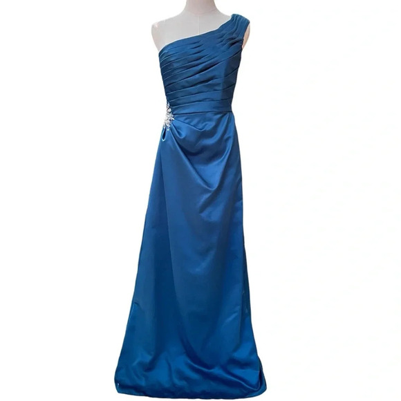 Mori Lee by Madeline Gardner NWT Blue Satin One-Shoulder Gown w/Ruched Bodice S6 - Picture 1 of 12